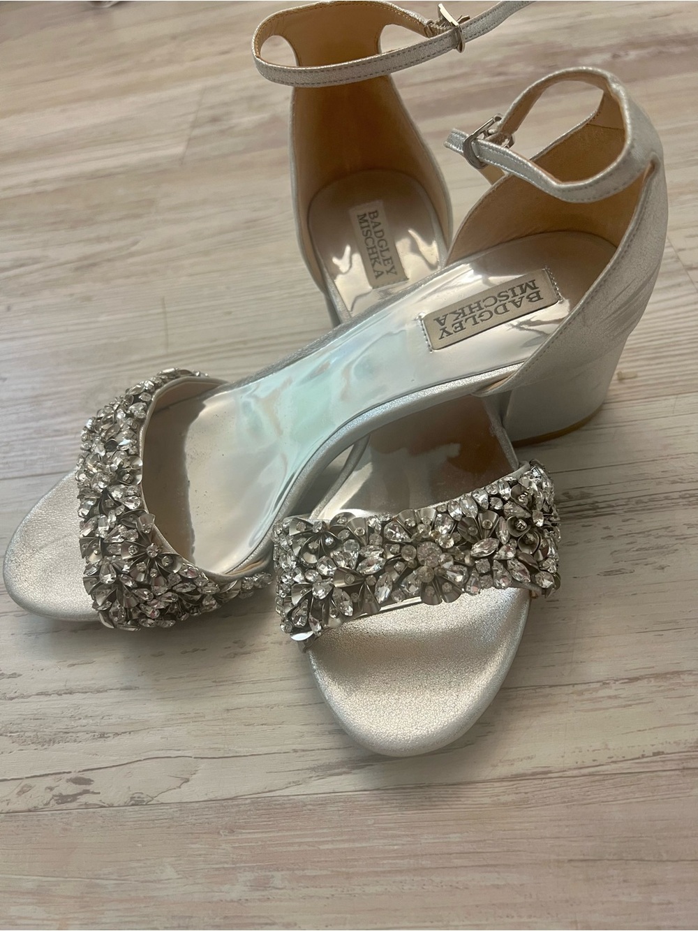 Badgley Mischka Silver Jeweled Ankle-Strap Block Heels